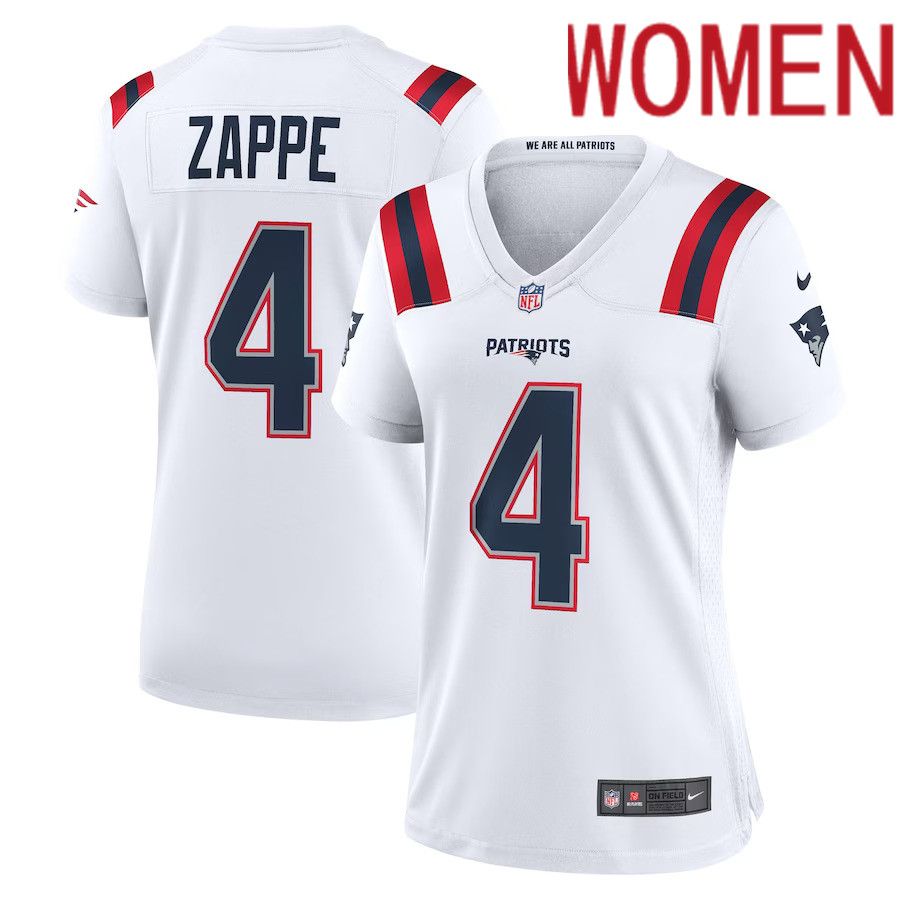Women New England Patriots #4 Bailey Zappe Nike White Game Player NFL Jersey->women nfl jersey->Women Jersey
